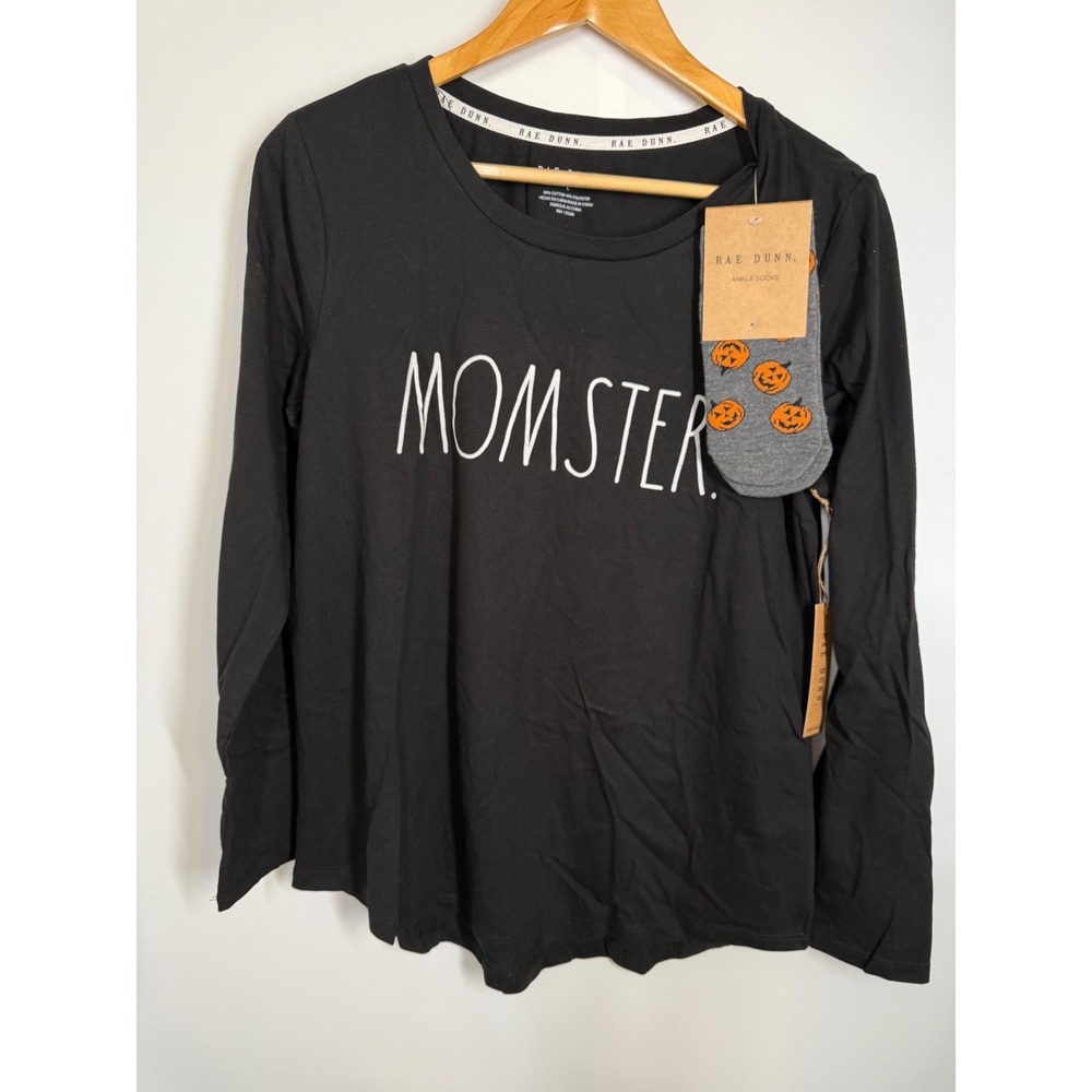 NWT Rae Dunn 'Momster' Shirt Sz L Pumpkin Socks Halloween‎ Black Long Sleeve Tee